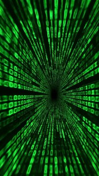 Fast-paced motion through a digital tunnel of green binary code numbers representing a data stream or matrix simulation