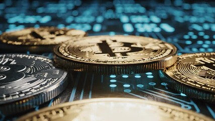 Closeup view of a shining golden Bitcoin cryptocurrency coin resting on a futuristic blue circuit board surrounded by other digital currency tokens symbolizing global financial technology blockchain . - Powered by Adobe