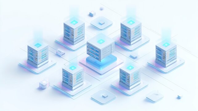 Isometric representation of data center servers, interconnected with glowing lines, in a modern, minimalistic design - Powered by Adobe