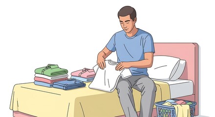 Man Organizing Clothes on Bed.