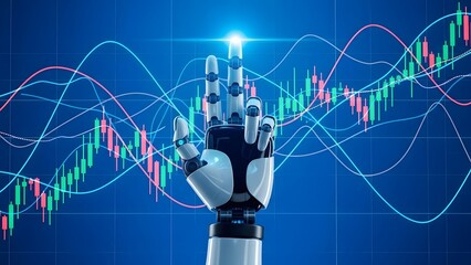 AI Robot Hand Interacting with Digital Stock Market Trading Charts and Financial Data