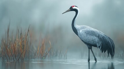 Majestic Crane Standing in Misty Wetland at Dawn