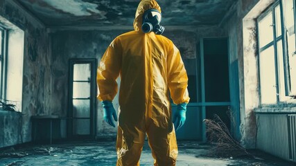 Disinfector in biohazard suit conducts safety measures in an abandoned interior space during daytime, disinfector in a biohazard suit standing in an infected room