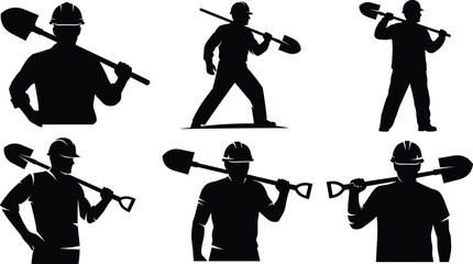 Construction worker silhouette with shovel, manual labor pose set, black vector illustration, safety gear, infrastructure workforce theme