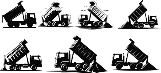 Dump truck silhouette unloading gravel, multiple angles, construction vehicle illustration, black and white vector, heavy machinery transport scene © Nur
