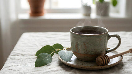 Ceramic cup of hot drink with wooden honey dipper in bright aesthetic room