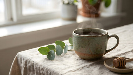Cozy morning tea with herbal leaves and honey dipper on tablecloth near window