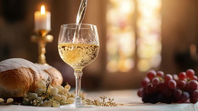 Sacred communion elements of wine and bread on an altar during a Christian sacrament service, Christian church, sacrament and wine, symbol of Holy Communion