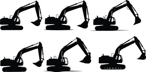Excavator silhouette icon set, construction machinery poses, black vector digger graphic, industrial equipment illustration, tracked vehicle design © Nur