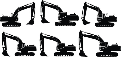 Excavator silhouette icon set, construction vehicle graphic, heavy machinery motion, black vector digger, industrial equipment illustration © Nur