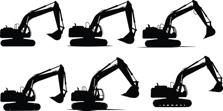 Excavator silhouette icon set, construction machinery poses, black vector digger graphic, industrial equipment illustration, tracked vehicle design