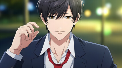 Confident anime young man in a suit smiling charmingly under soft night lights.