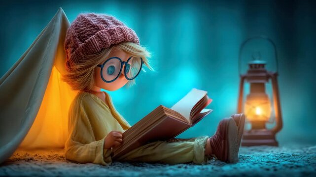 A young girl reads a book under a cozy tent with a lantern