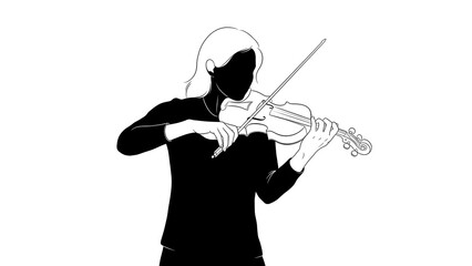 Black and white minimalist illustration depicting a female musician skillfully playing the strings of a violin with a bow held elegantly in her right hand