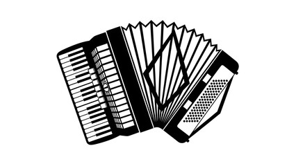 Black and white graphic illustration of a classic musical accordion instrument featuring an extended bellows and detailed keyboard design isolated on a white background