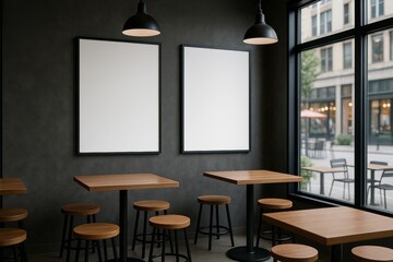 Minimalist cafe interior with wooden tables, stools, blank posters on dark wall, large window view of city street, modern cozy dining space concept. Ai generative