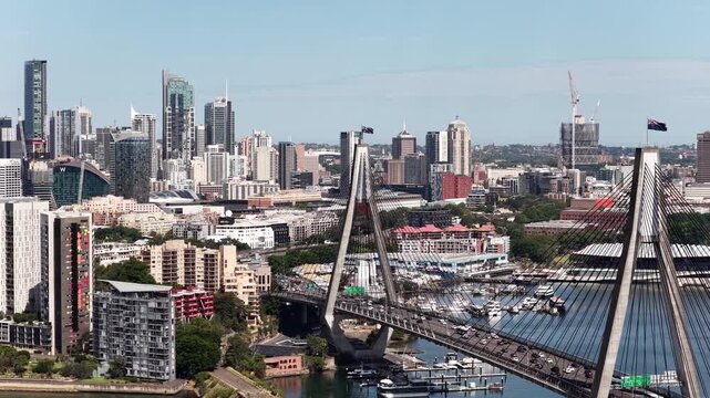 Medium Anzac bridge to Sydney Harbour bridge aerial panorama of Sydney city CBD.