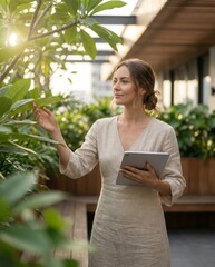 Eco-conscious Examination: A woman assesses plant health amidst a rooftop garden, using a digital tablet to record her observations. Sunlight gently illuminates her focused expression.