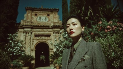 Elegant Contemplation: A woman in formal attire stands poised, the ornate architecture of a historic building forming a majestic backdrop, embodying grace and introspection.
