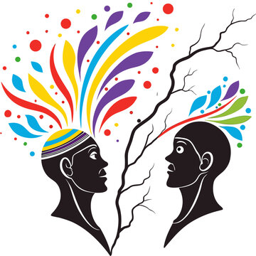 Abstract Illustration of Human Profile Releasing Vibrant Color Splashes,Conceptual illustration of two human profiles with creative thoughts and nature elements bursting from minds