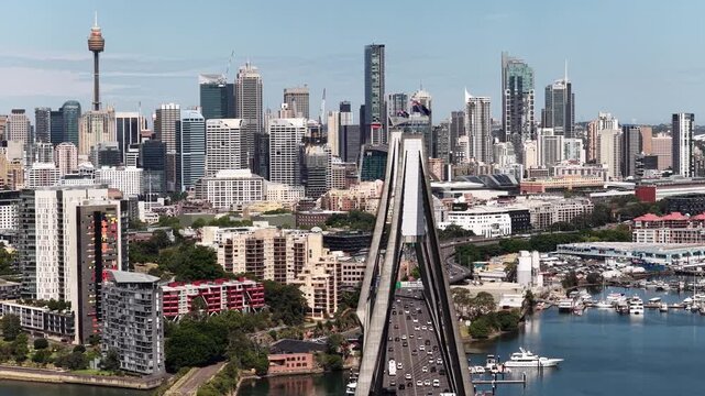 Balmain Anzac bridge aerial panoramic view of Sydney city CBD waterfront Australia.