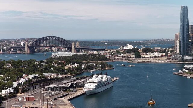 Harbour bridge to Anzac Inner West on Sydney Harbour in wide aerial panorama.