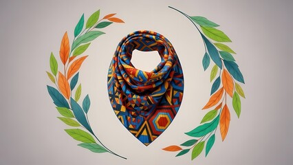A bright patterned scarf is shown inside a ring of painted leaves on a plain background.