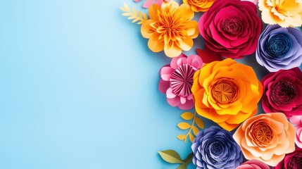 Flat lay of colorful paper flowers arranged on light blue background.