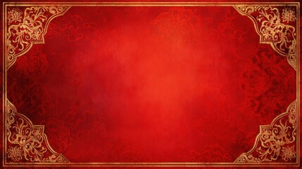 Luxurious red backdrop with an ornate gold border, featuring curling corner motifs and a velvety central panel