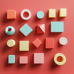 Playful 3D render of colorful geometric shapes arranged on red background, AI-generated.