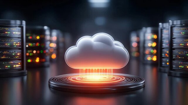 Cloud computing technology concept with glowing server towers