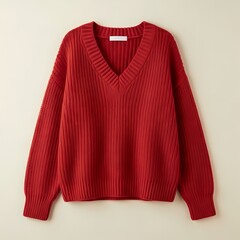 A simple studio photo of a bright red, oversized knit sweater.