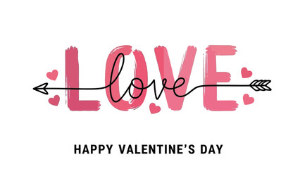 Elegant 'LOVE' brush script typography design featuring decorative hearts and a symbolic arrow, ideal for Valentine's Day greetings, romantic celebrations, and expressing affection