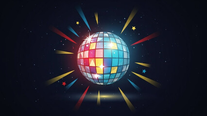 Vibrant disco ball with colorful lights and stars on dark background, nightlife party decoration, shiny reflective sphere with rays of light