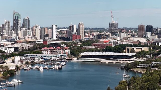 Pyrmont to North Sydney wide aerial cityscape panorama of Sydney harbour CBD.