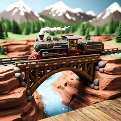 A steam locomotive is going along a bridge over a canyon in the mountains
