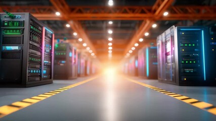 Modern data center with colorful server racks and bright lights
