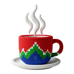 Vibrant knitted mug with steaming hot coffee isolated on a transparent background