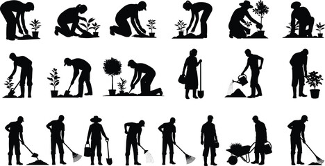 Gardening and planting people silhouettes set with digging watering raking and tree planting activities flat black vector illustration