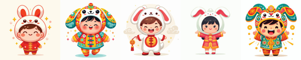 Fototapeta premium Vector of a child wearing a rabbit zodiac costume. Vector, minimalist, illustration, icon set.