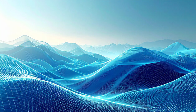 青のレイヤーが重なる粒子山脈の壮大なデジタル風景