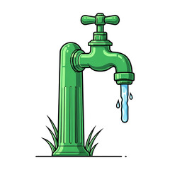 Green faucet with water flowing isolated on a transparent background