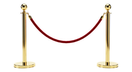 Luxurious gold stanchions with red velvet rope barrier isolated on a transparent background