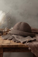 Cozy winter accessories on wooden table