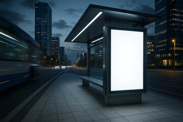 Futuristic bus stop with blank advertisement billboard at night in a city with motion-blurred traffic and illuminated skyscrapers in background. Ai generative