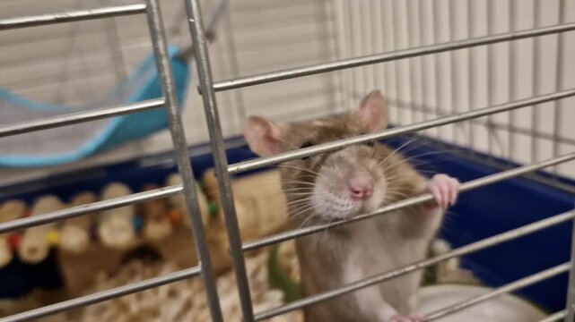 unlike wild common rat,  rat in photo has shorter, rounded ears and a more robust body structure. The tail also appears to be shorter than body, brown color with grayish white hair showing on belly. 
