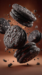 Dark sandwich cookies fly.