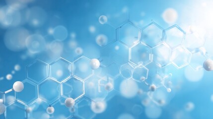 Abstract representation of molecular structures, spheres, and connected hexagonal shapes. Light rays and bokeh effects on a gradient blue background