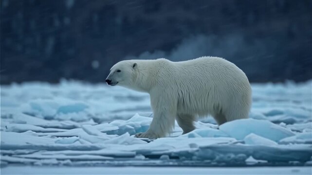 Majestic polar bear walking slowly across broken Arctic ice