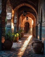 A long hallway with arched doorways and a sunbeam shining through